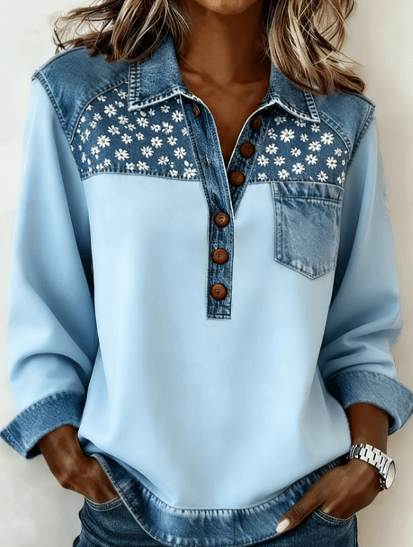 Denim Patchwork Collar Button-down Casual Long-sleeved Top