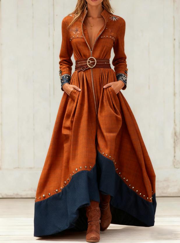 Casual Retro Color-blocked Waist-cinching Long Dress
