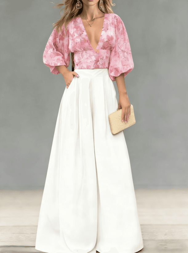 V-neck Puff Sleeve Top Wide-leg Pants Two-piece Set
