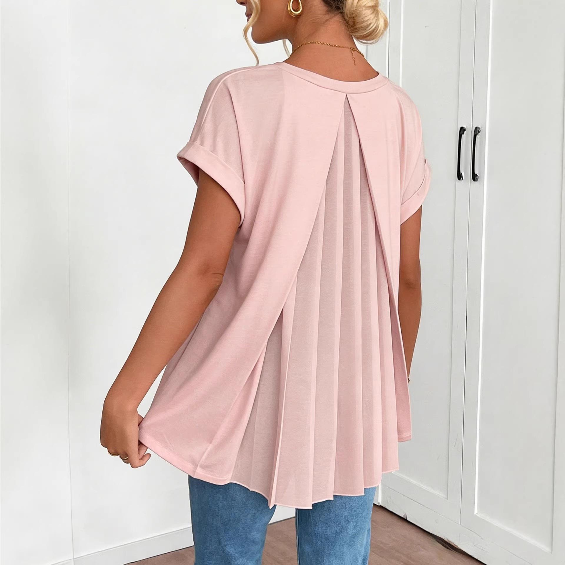 Womens Back Pleated V-Neck Short-Sleeve Top
