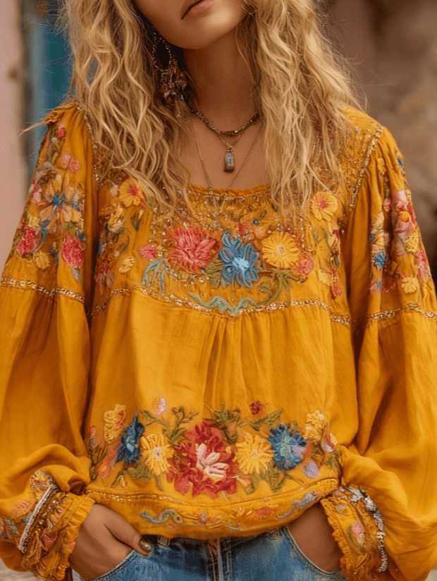 Square-neck Loose Lantern-sleeve Cotton And Linen Top