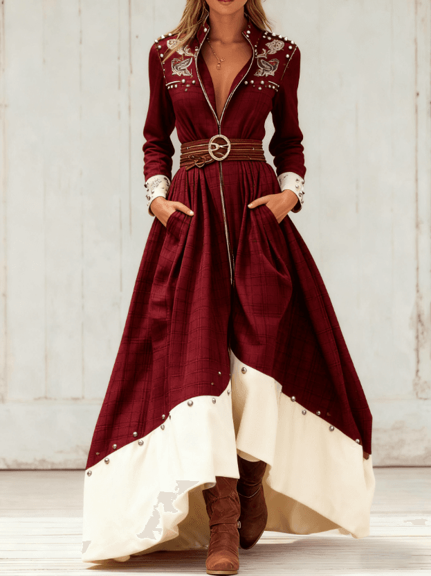 Casual Retro Color-blocked Waist-cinching Long Dress