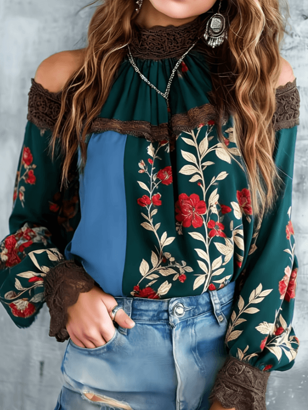 Women's Western Retro Hollow-out Off-shoulder Long-sleeved Loose Top