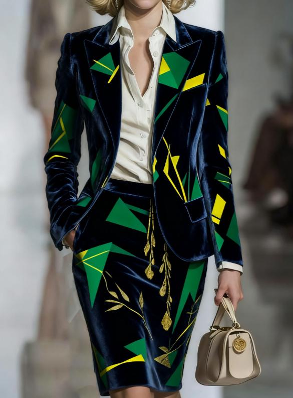 Elegant Velvet Printed Suit And Pencil Skirt Set