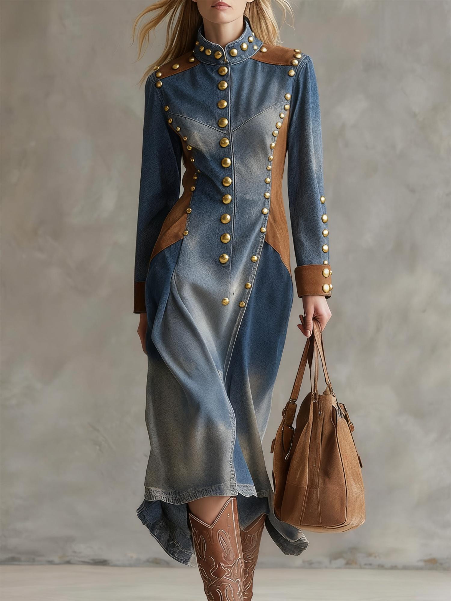 Western Retro Print Lapel Zipper Fitted Midi Long Sleeve Dress