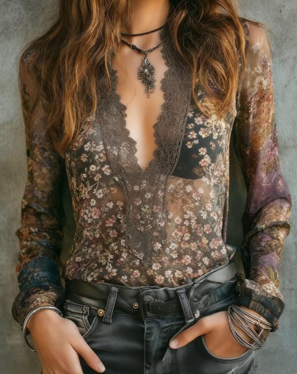 Floral Print Lace V-neck Women's Long-sleeved Casual Shirt