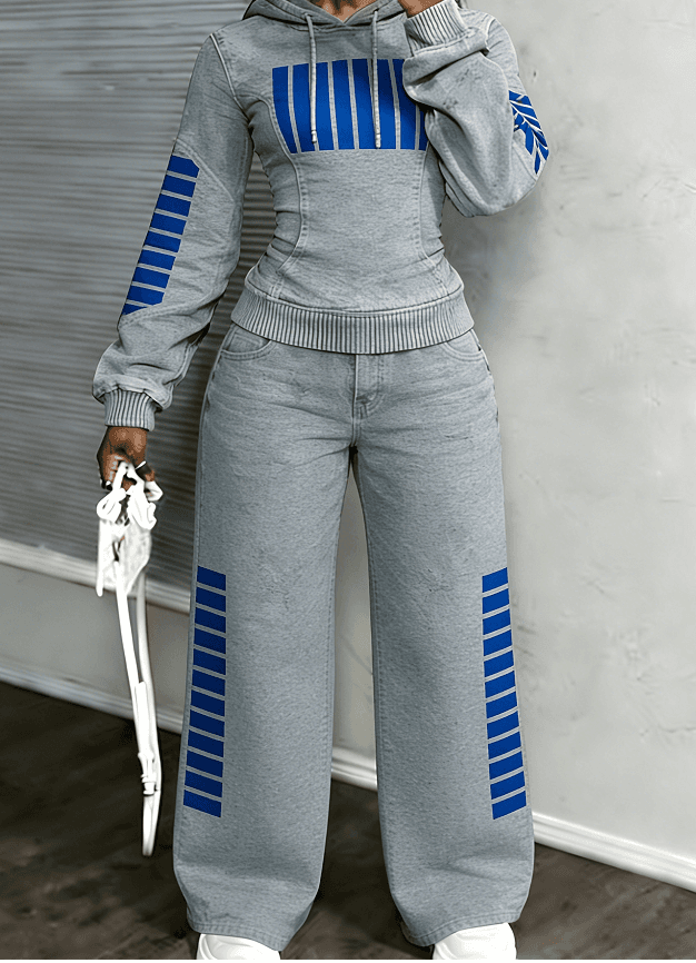 Street-style Cool Blue-grey Color-blocked Hoodie And Wide-leg Pants Set