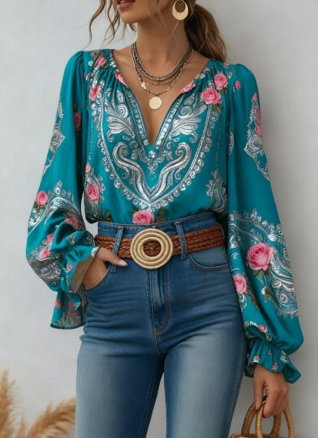 Printed Casual V-neck Bell Sleeve Long-sleeved Top