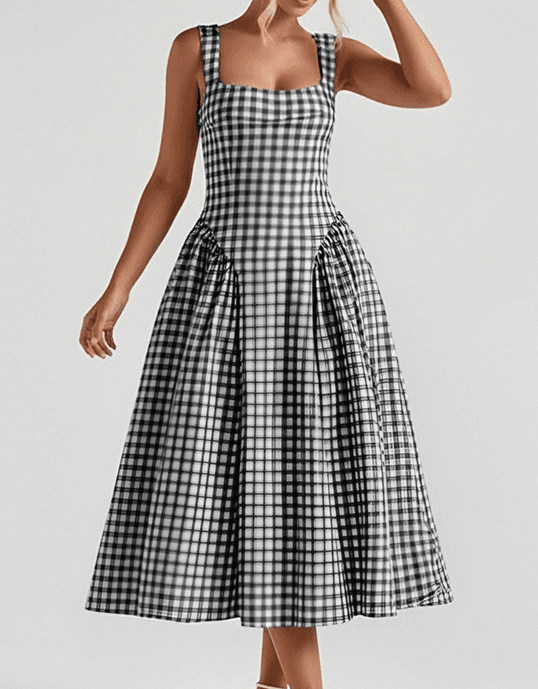 Square Neck Polka Dot Waisted A-Line Midi Dress