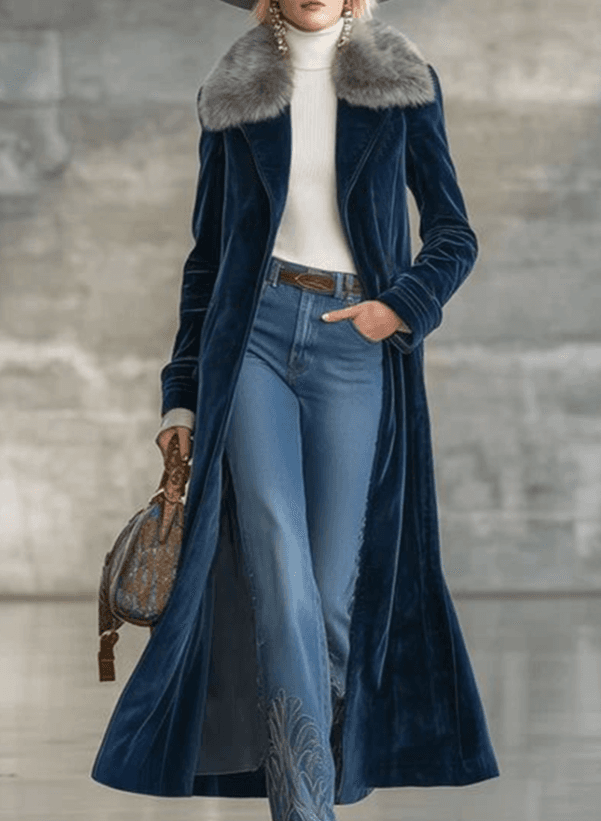 Navy Blue Velvet Coat With Fur Collar, Long Style - Vintage, Luxury, Warm, Knee-length Outerwear