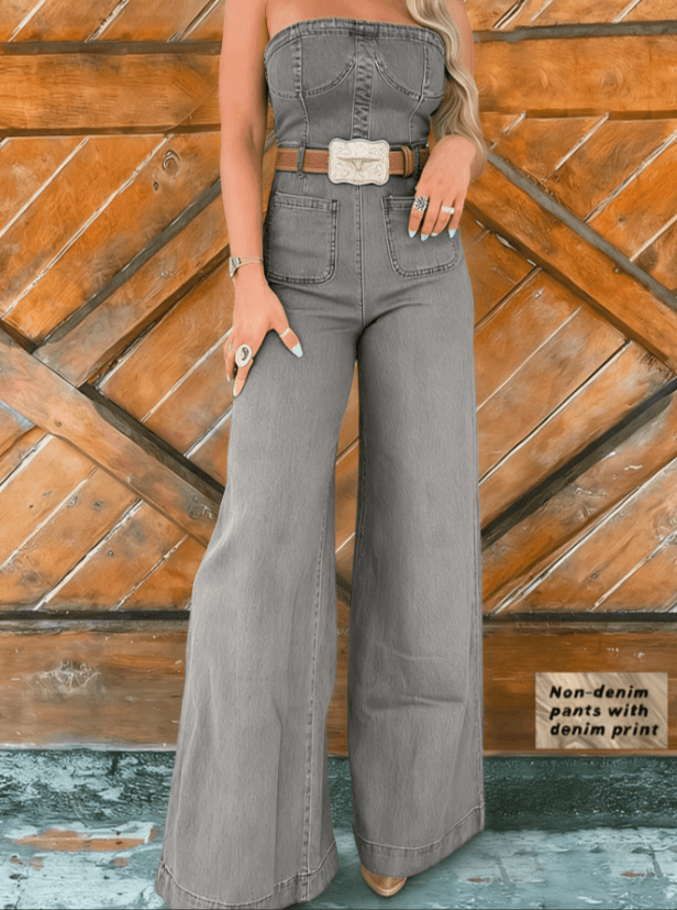 Tube Top Denim Print Wide-Leg Jumpsuit