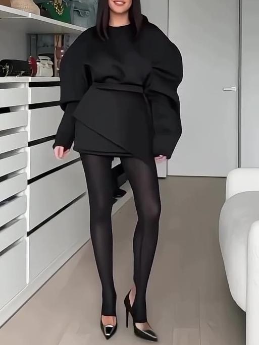 Black Oversized Puffed-sleeve Asymmetrical Mini Dress