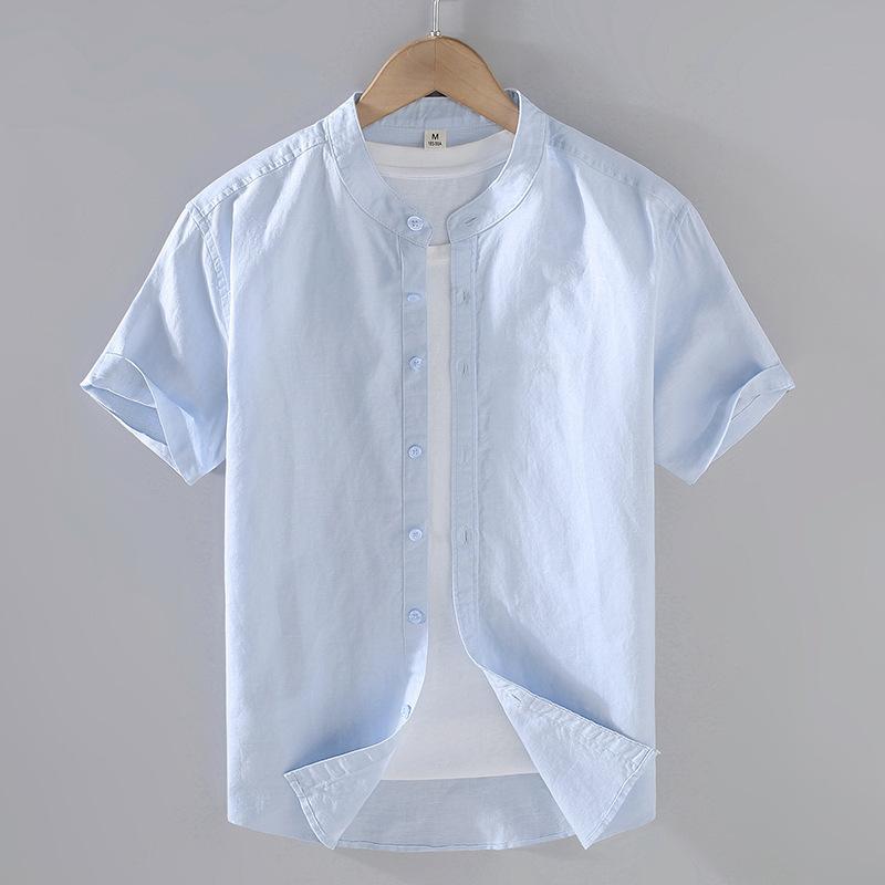 Solid-color Linen Shirt Mens Short-sleeve Casual Top