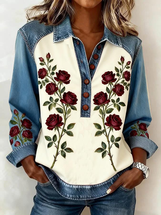 Denim Patchwork Collar Button-down Casual Long-sleeved Top