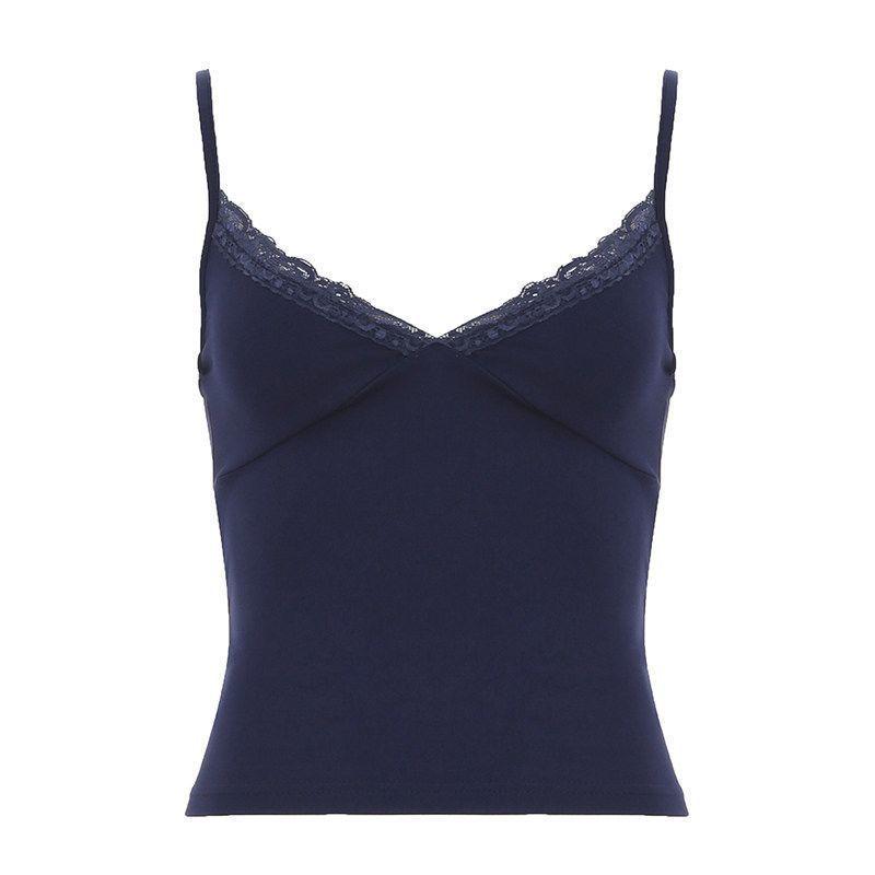 Simple Lace-trimmed V-neck Strap Solid-color Outerwear Short Top For Women