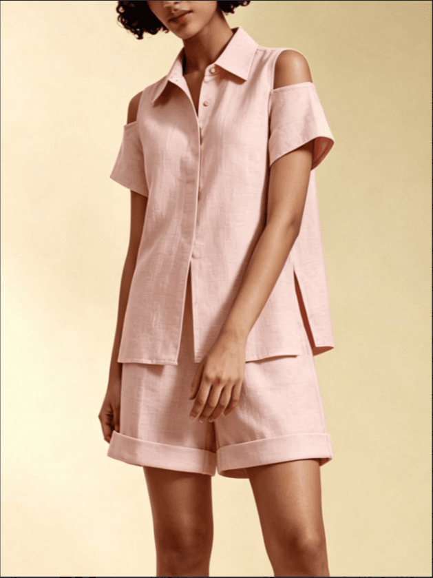 Cold Shoulder Collared Button Down Shirt And Cuffed Shorts Linen Two Piece Set