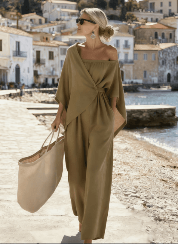Slanted Shoulder, Exposed Waist, Cinched Waist, Wide Leg Jumpsuit