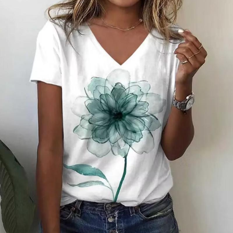 Watercolor Floral Print V-Neck T-Shirt
