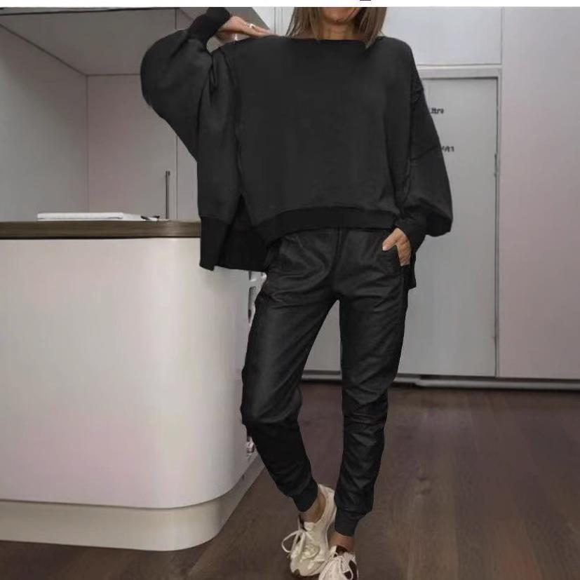 Side Slit Round Neck Casual Top Plus Small Angle Blouse And Pants Female