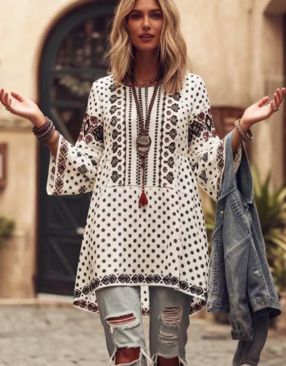 Ethnic Patterned Round Neck Bell Sleeve Casual Top