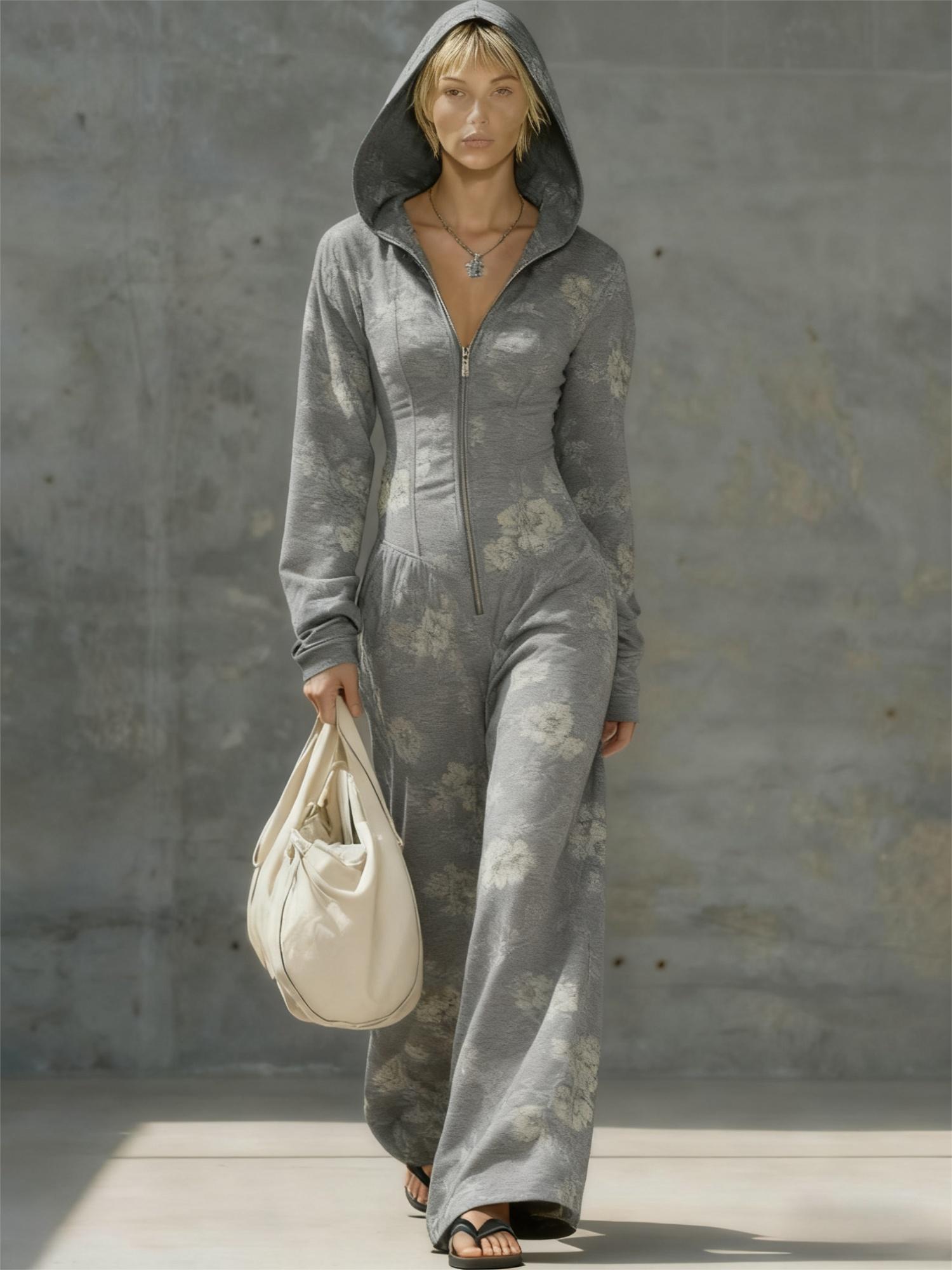 Printed Casual Hooded Zip-up Slim-fit Long Jumpsuit
