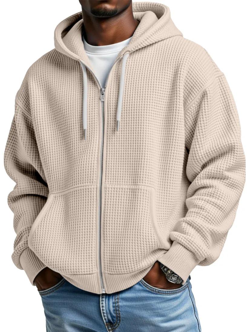Mens Solid Color Loose-Fit Hooded Zip Up Waffle Weave Drop Shoulder Sweatshirt