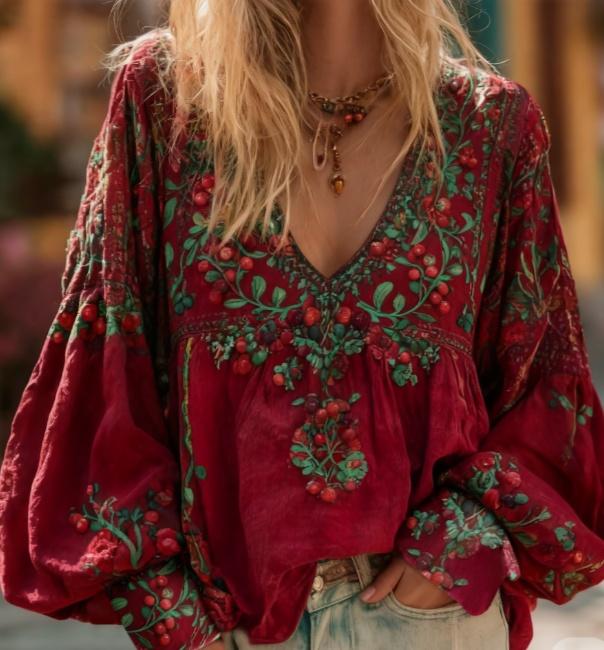 Floral Embroidery Casual V-neck Puff Sleeve Top