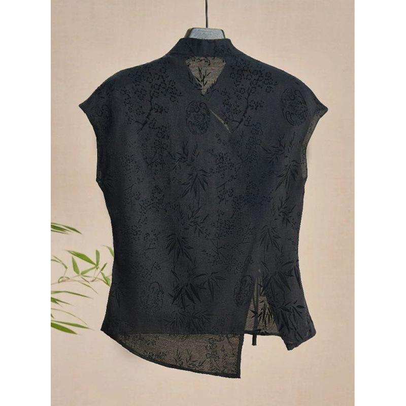 Women's Retro Frog-Button Slant-Collar Black Jacquard Short-Sleeve Shirt