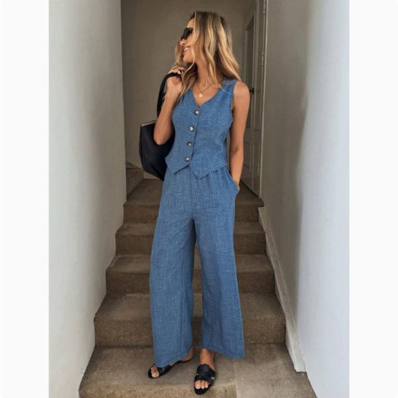 Linen Leisure Commute Front Button Vest And Trousers