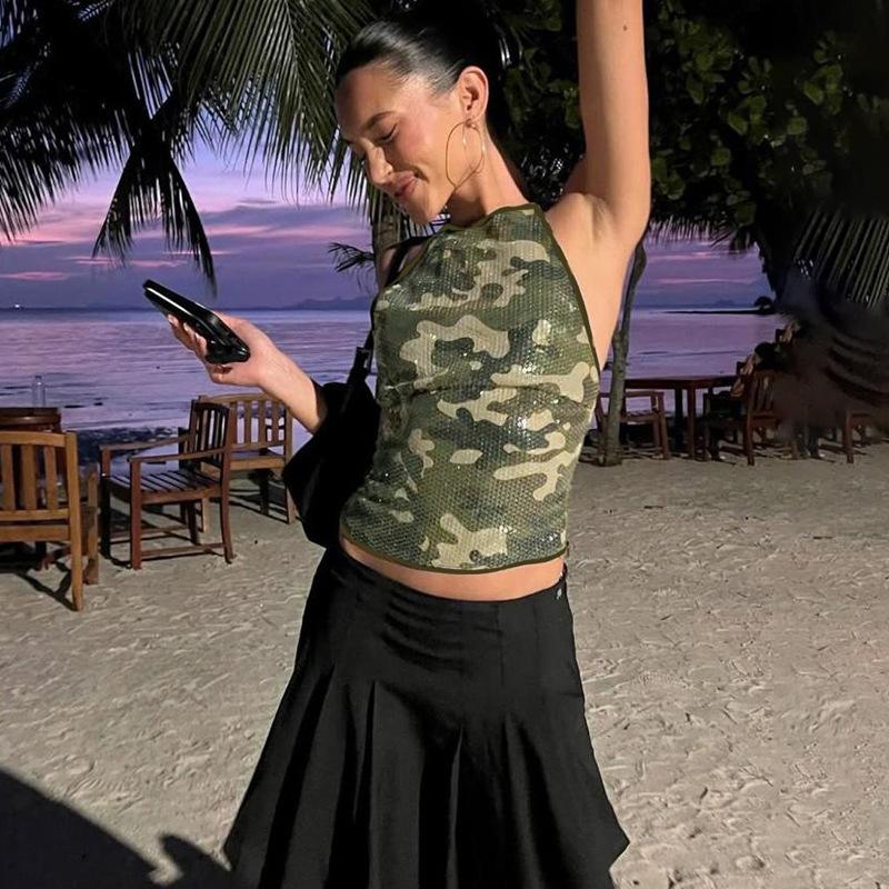 Women's Sexy Hot Girl Camouflage Printed Sequins Halter Backless Outer Vest