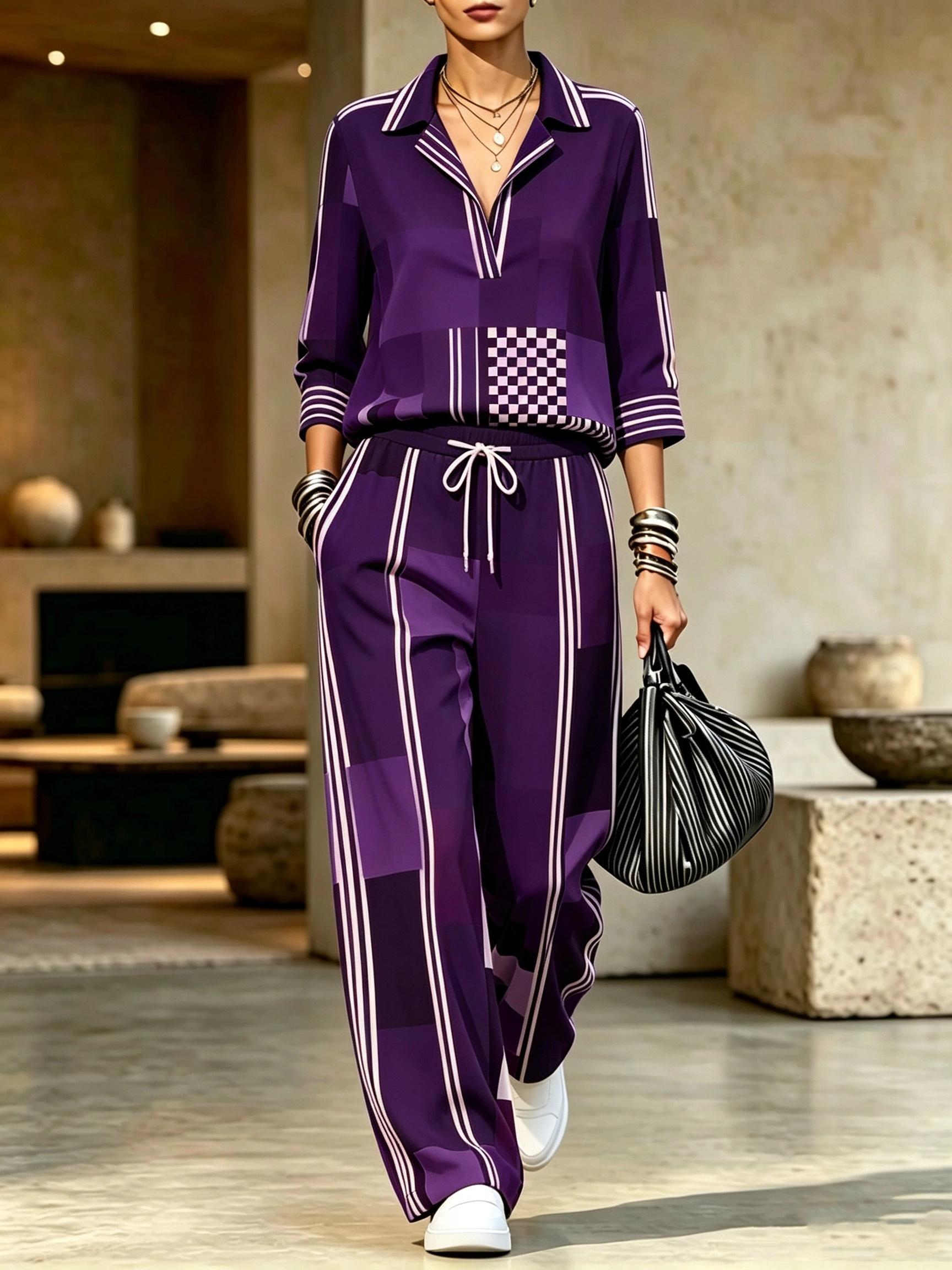Womens Summer Lapel-Neck Cropped-Sleeve Set