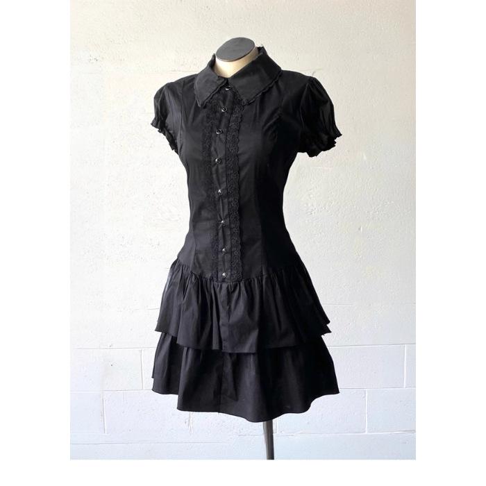 Lace-trimmed Blue Vintage Shirt Dress Short Skirt