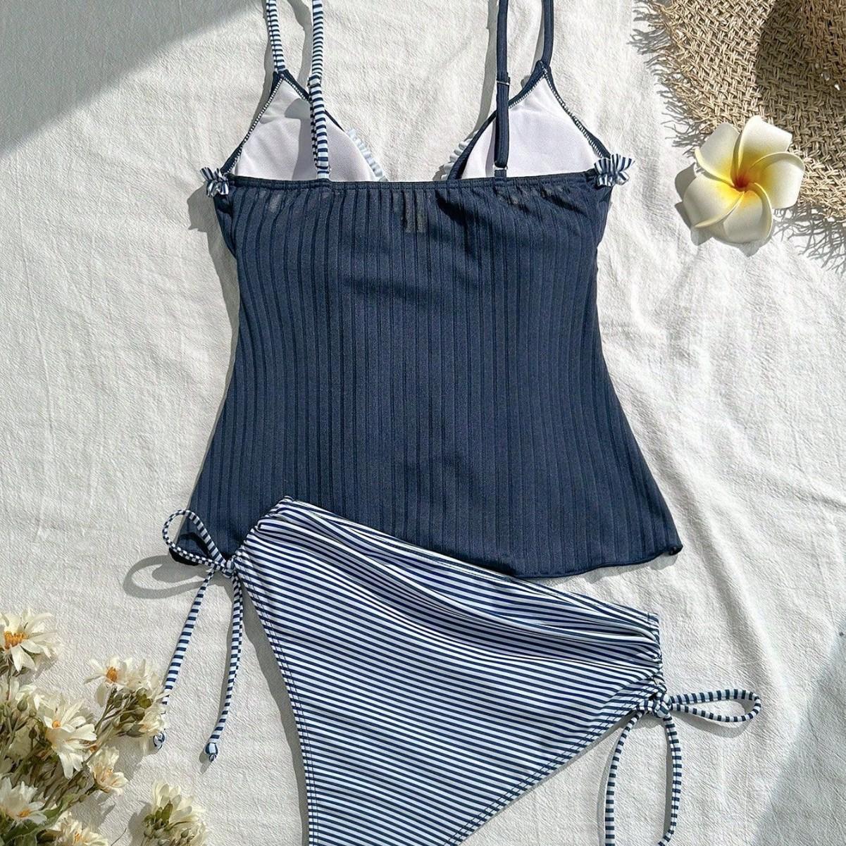 Lotus Leaf-trimmed Two-piece Swimsuit With Shoulder Straps And Lace-up Back