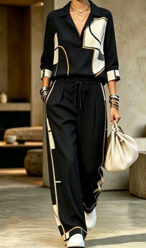 Womens Summer Lapel-Neck Cropped-Sleeve Set