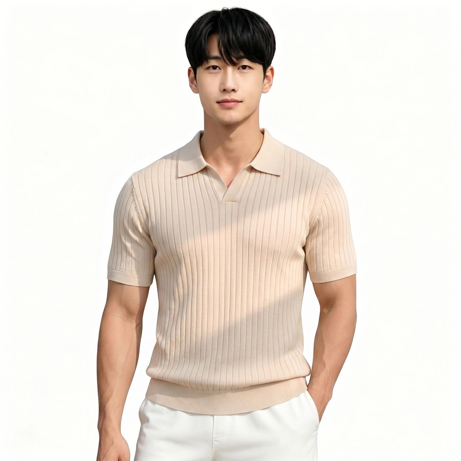Notch-collar Striped Half-zip Knit T-shirt