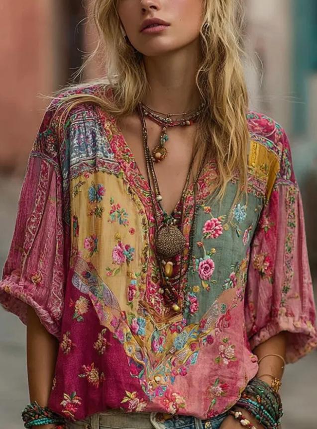 European And American Resort-Style Loose-Fit Printed Bohemian V-Neck Top Shirt