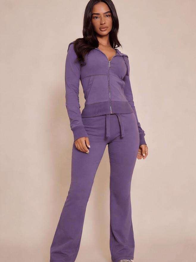 Hot Girl Style Hooded Zip Slim Fit Sweatshirt  Flared Pants Casual Two-Piece Set