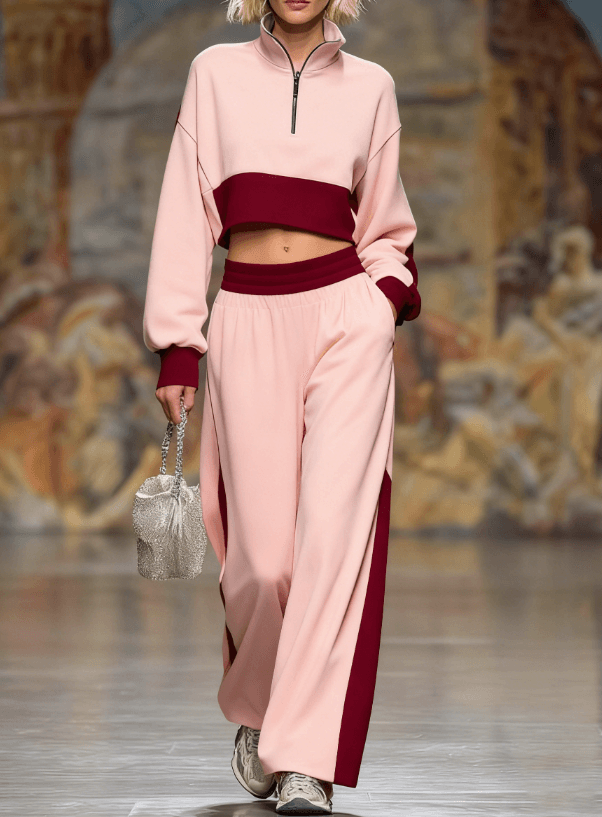 Short-sleeved Stand-collar Zippered Sweater With Wide-leg Pants Two-piece Set