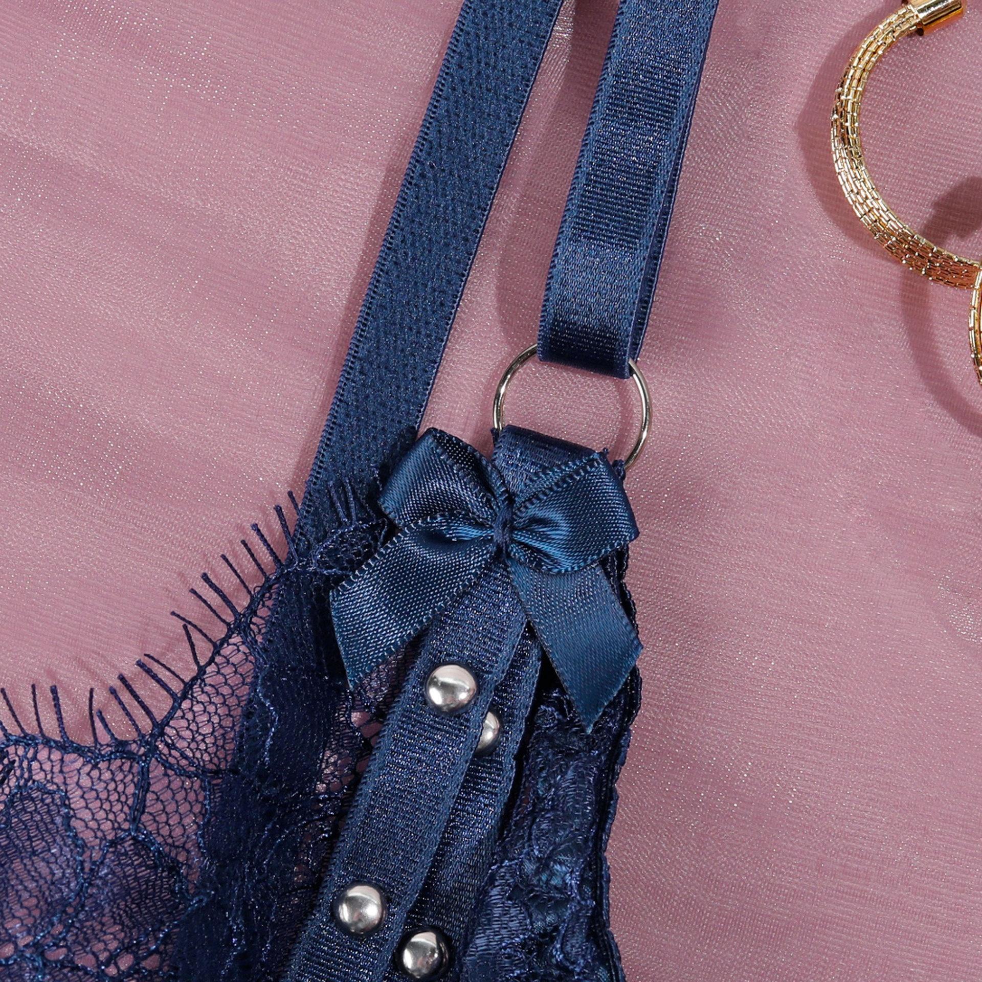 Sexy Charm Stitching Lace Steel Ball Bow Garter Underwear Suit