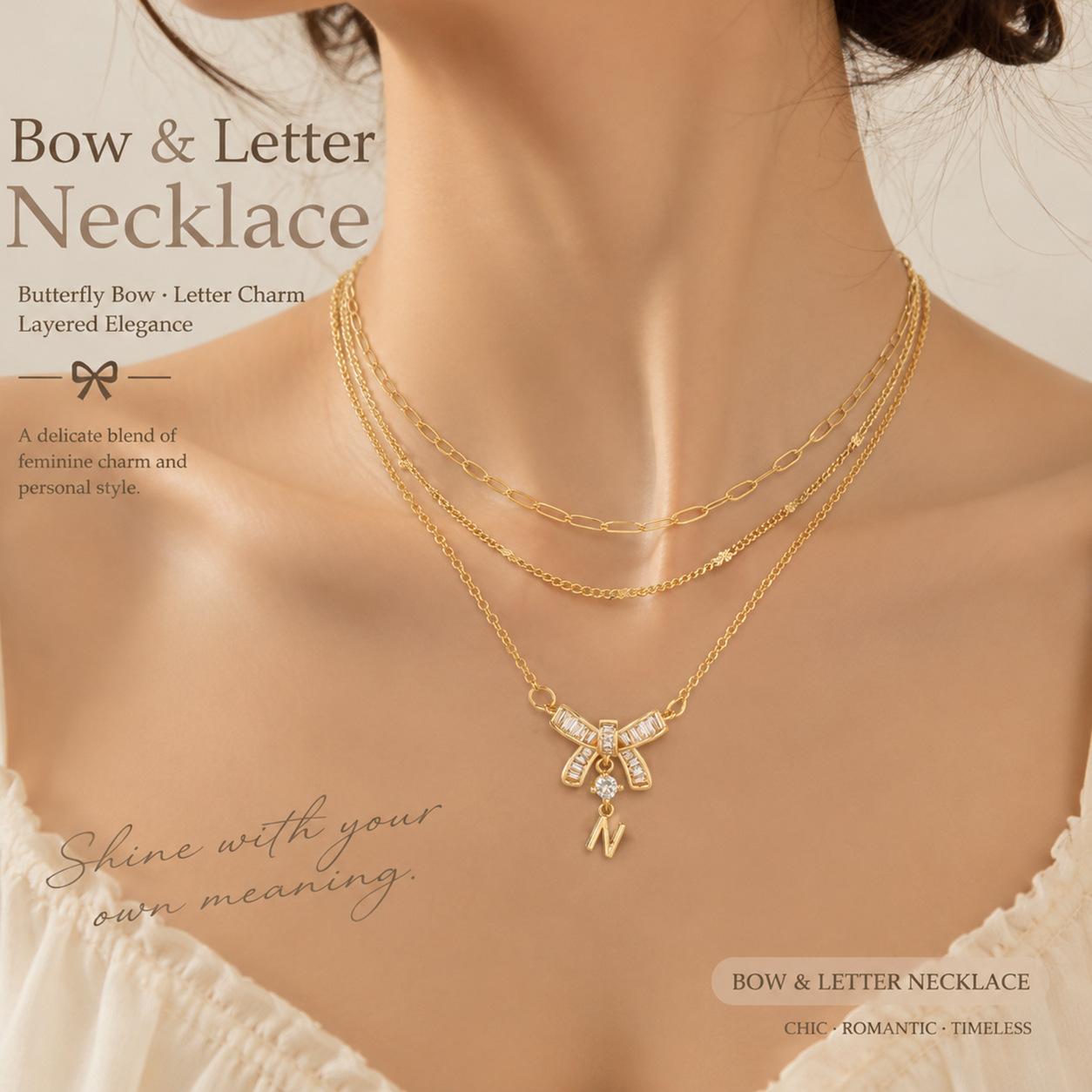 Bow-knot Letter Pendant Layered Necklace For Women