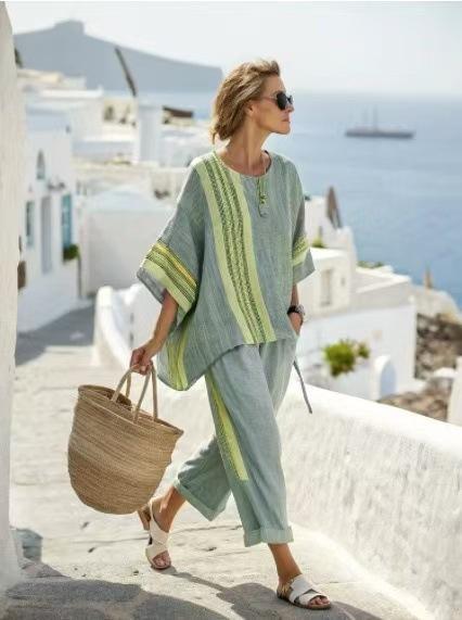 Women's Striped T-Shirt And Pants Two-Piece Set