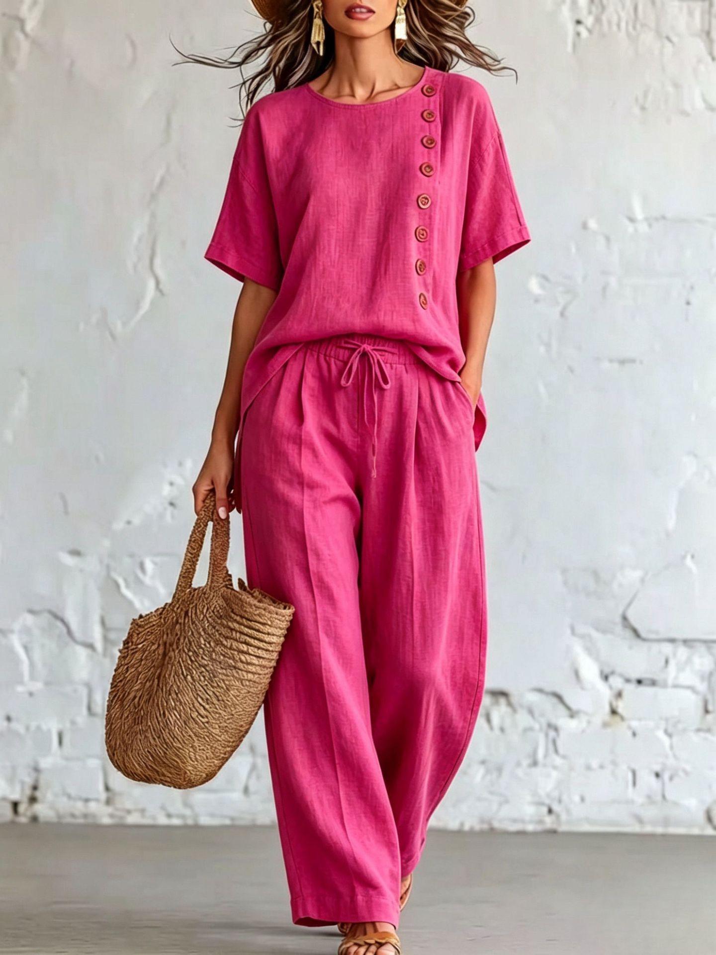 Womens Relaxed-fit Short-sleeve Top With Side-button Detailing And Wide-leg Pants Set