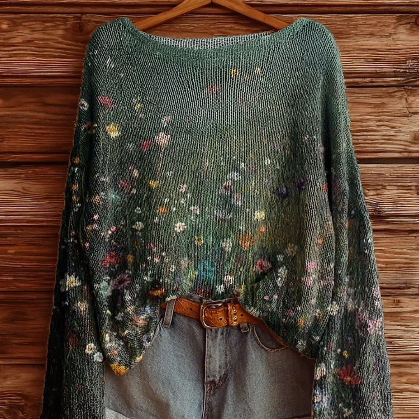 Women's Bohemian Vintage Floral Sweater - Oversized Crew Neck Warm Winter Pullover With Multicolor Floral Print