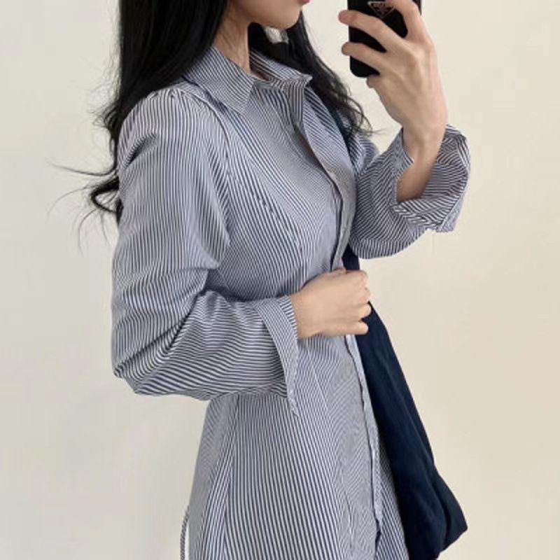 Striped Long-sleeved Shirt Dress Women's Single-breasted Skirt