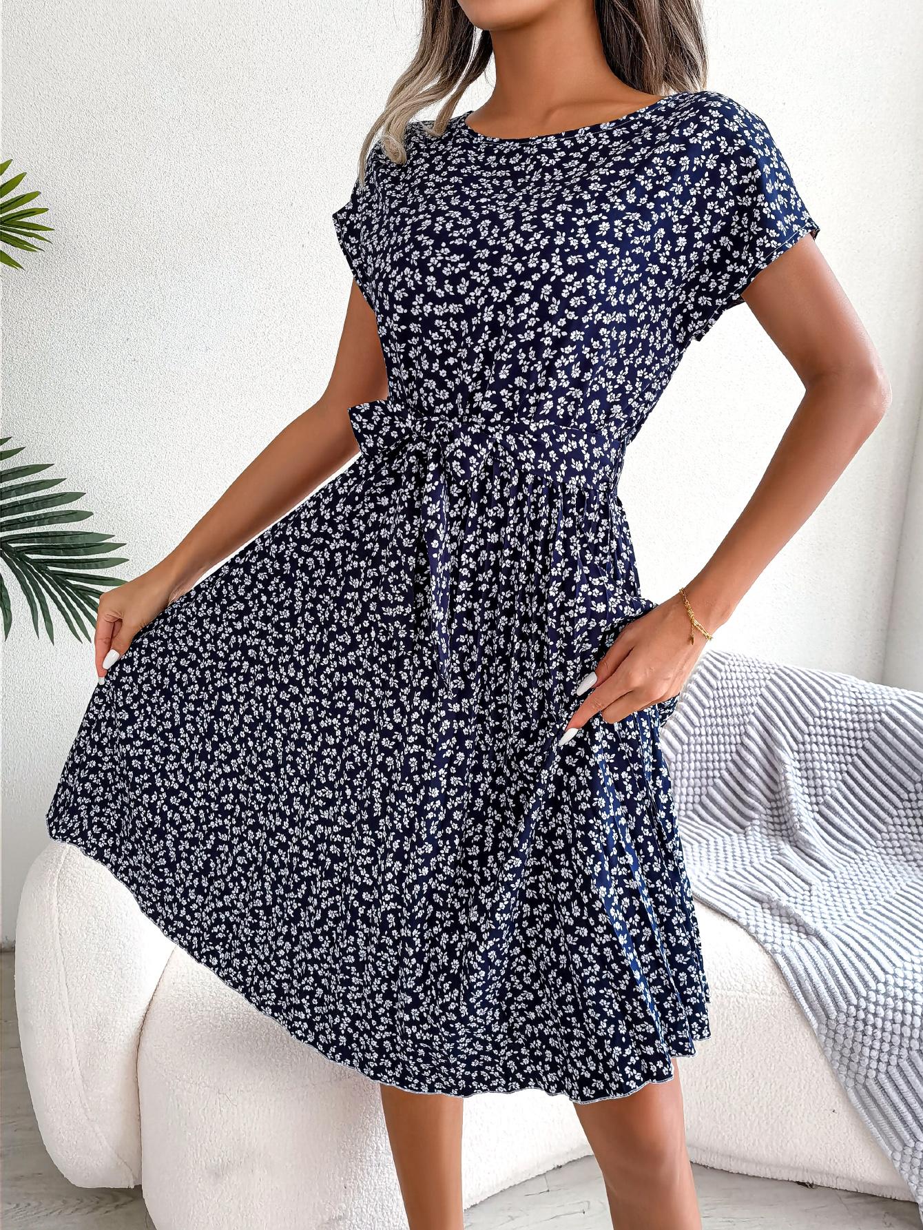 Women   Casual Short Sleeve Floral Print Flowy Pleated Skirt