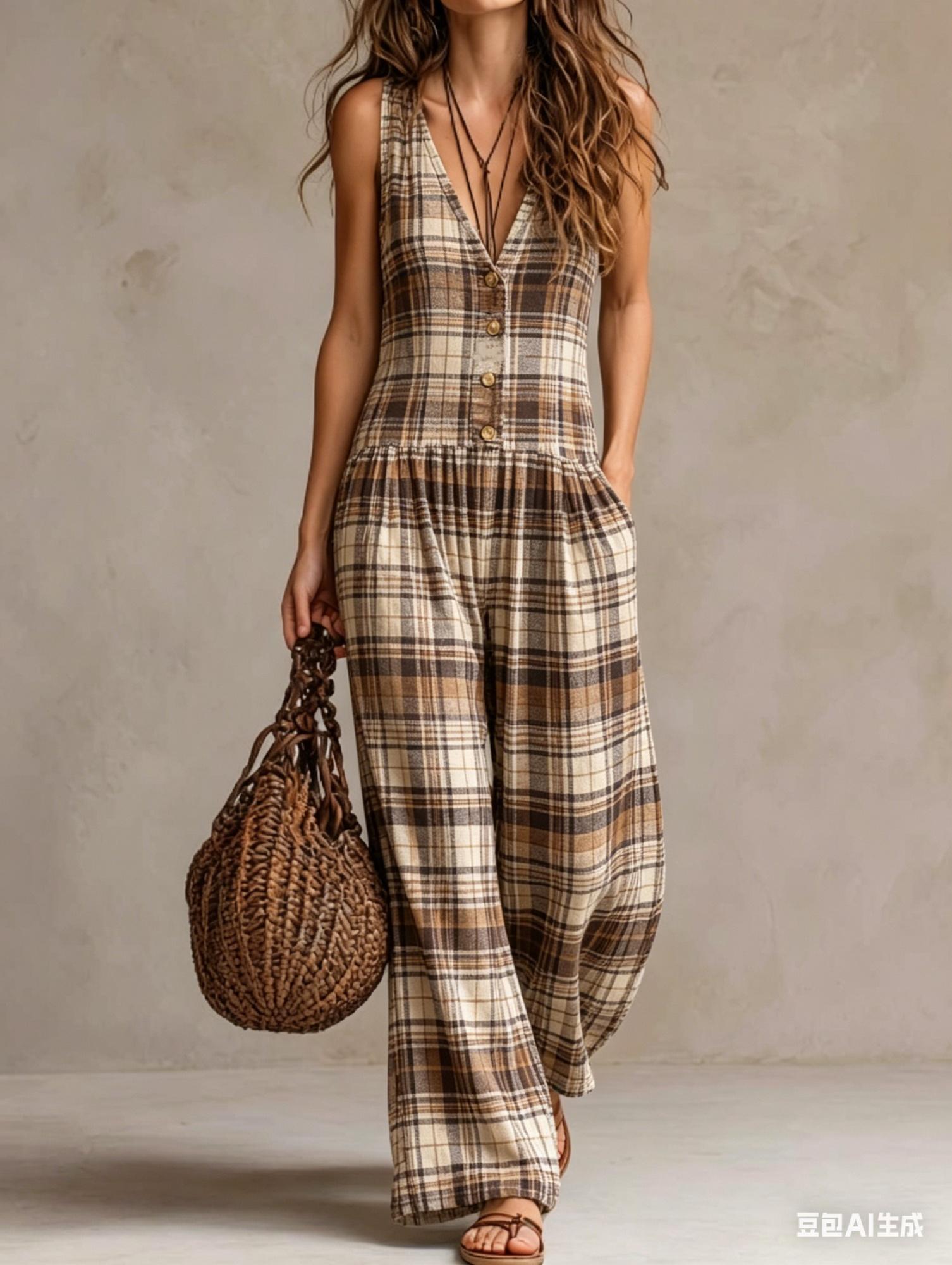 Vintage Plaid Sleeveless Wide-Leg Jumpsuit
