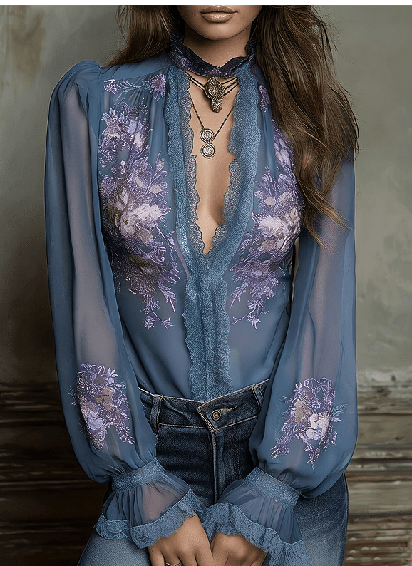 A Stand-up Collar Lace Embroidered Top