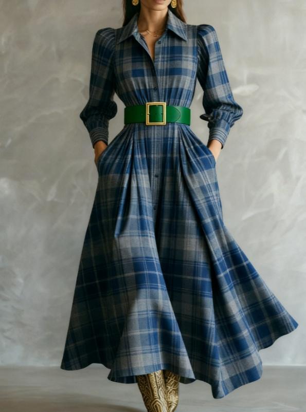 Waist-cinching Shirt Collar Casual Long Dress