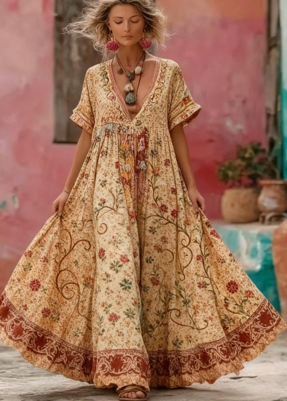 Women's Floral Embroidery Patchwork Art V-Neck Long Dress