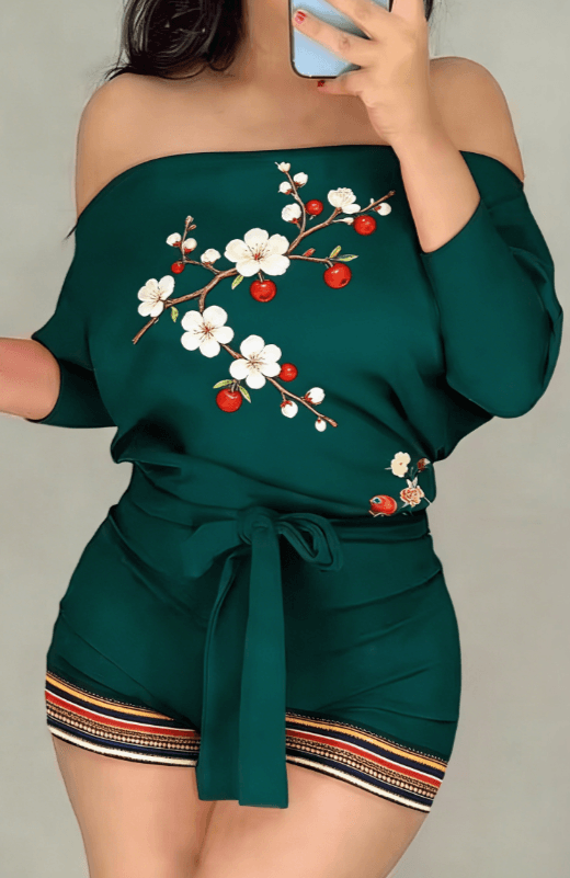 Peacock Print Off-Shoulder Long-Sleeved Tie-Waist Women's Casual Jumpsuit